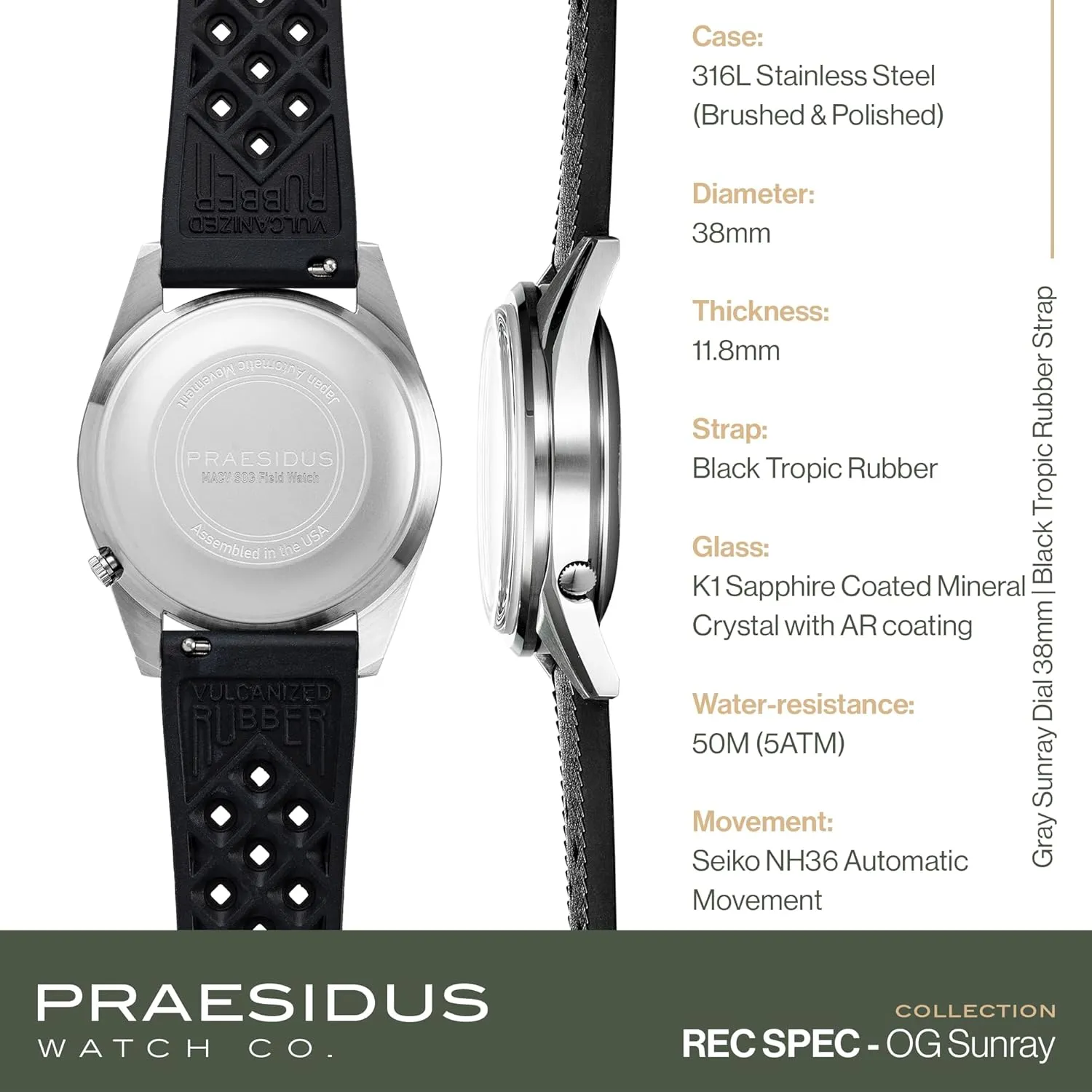 Men's Military Watch, NH36 Automatic Wrist Watch, 50M Water Resistant Field Watch with Leather/Rubber/Canvass Strap with Khaki Brown/OG and White journalism brand Sunray/Popcorn Dial Rec Spec 38mm 