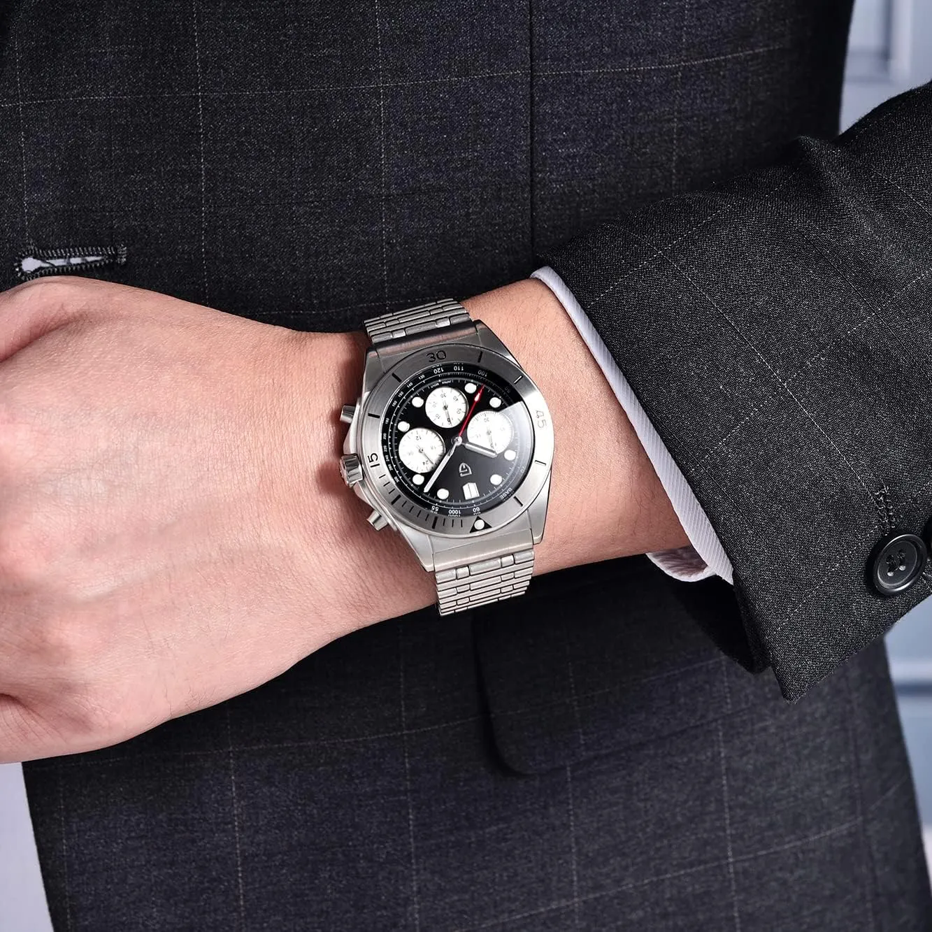 Men's Professional Chronograph Japan Quartz Movement Synthetic Sapphire Roller Ball emigrate plaque approximation Stainless Steel Bracelet 100M Waterproof Casual Fashion Sports Watch HaiQin Pagani Design 
