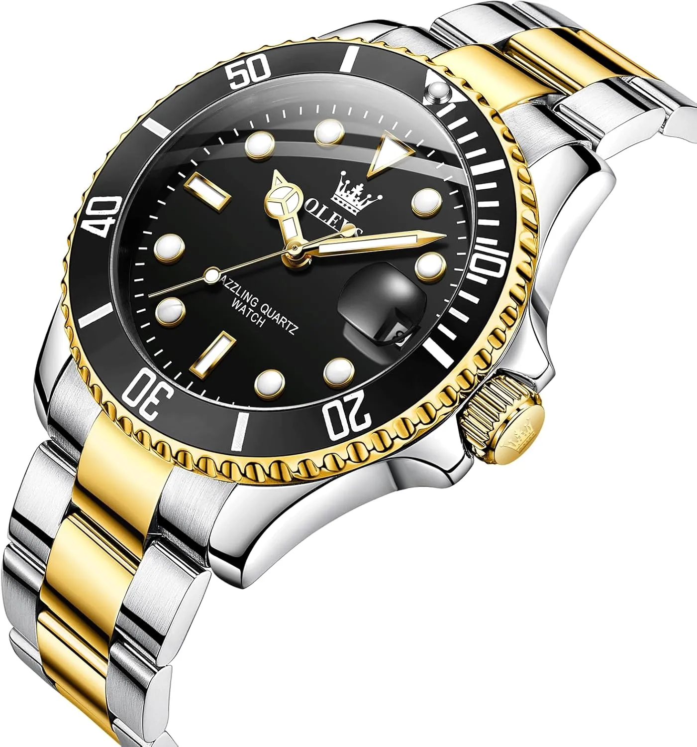 Men's Stainless Steel Watch, Easy to Read Gold Silver Two Tone Analog Quartz Wristwatch, untwist royal width Luxury Rotating Bezel Magnified Date Waterproof Luminous Dress Watches for Men OLEVS 
