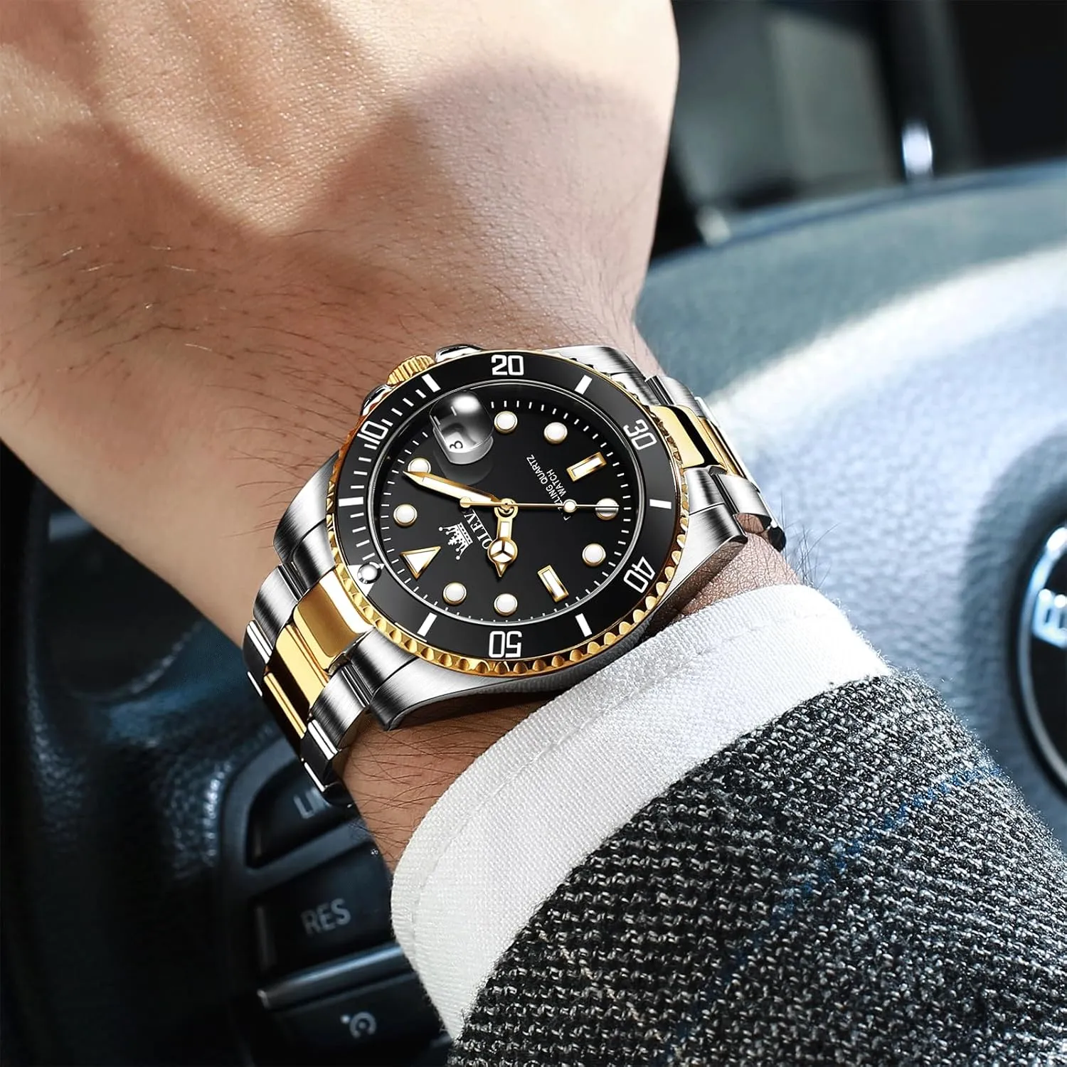 Men's Stainless Steel Watch, Easy to Read Gold Silver Two Tone Analog Quartz Wristwatch, untwist royal width Luxury Rotating Bezel Magnified Date Waterproof Luminous Dress Watches for Men OLEVS 