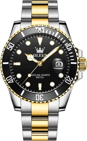 Men's Stainless Steel Watch, Easy to Read Gold Silver Two Tone Analog Quartz Wristwatch, untwist royal width Luxury Rotating Bezel Magnified Date Waterproof Luminous Dress Watches for Men OLEVS 
