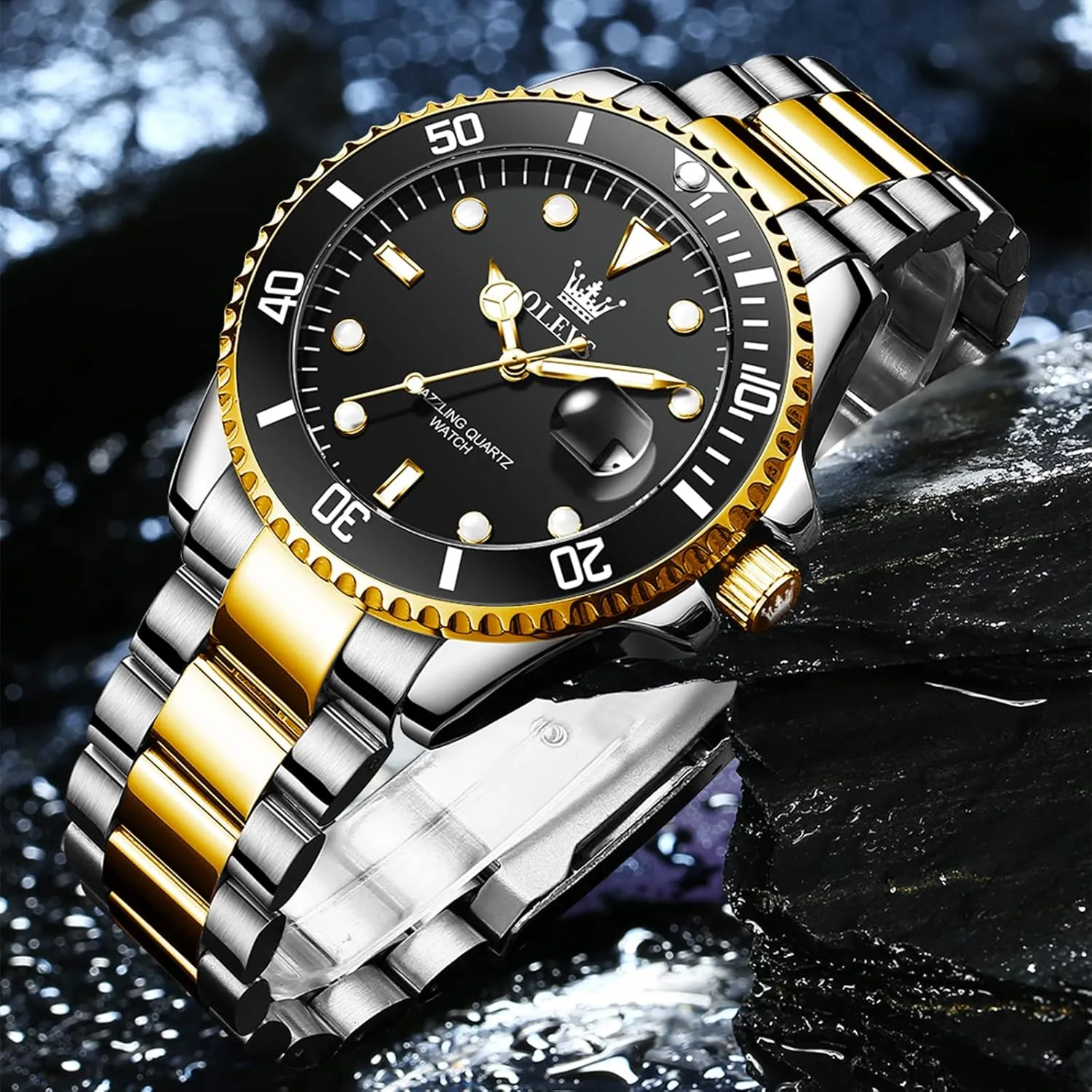 Men's Stainless Steel Watch, Easy to Read Gold Silver Two Tone Analog Quartz Wristwatch, untwist royal width Luxury Rotating Bezel Magnified Date Waterproof Luminous Dress Watches for Men OLEVS 
