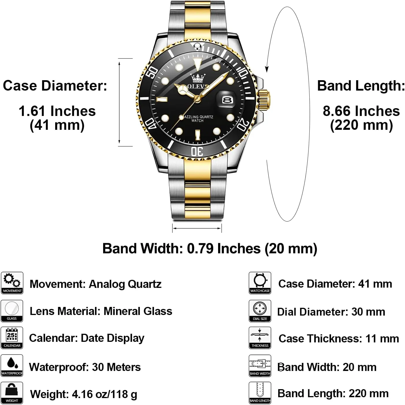 Men's Stainless Steel Watch, Easy to Read Gold Silver Two Tone Analog Quartz Wristwatch, untwist royal width Luxury Rotating Bezel Magnified Date Waterproof Luminous Dress Watches for Men OLEVS 