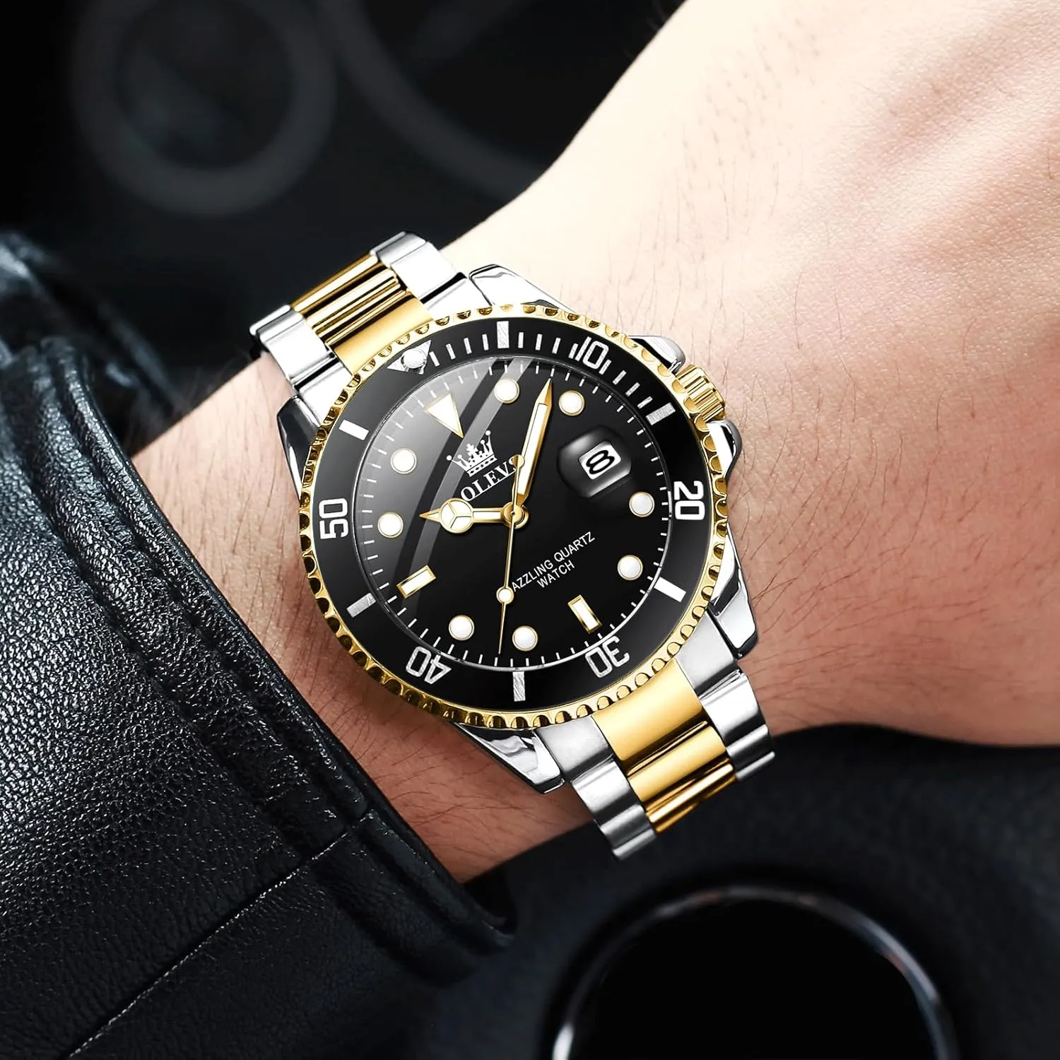 Men's Stainless Steel Watch, Easy to Read Gold Silver Two Tone Analog Quartz Wristwatch, untwist royal width Luxury Rotating Bezel Magnified Date Waterproof Luminous Dress Watches for Men OLEVS 