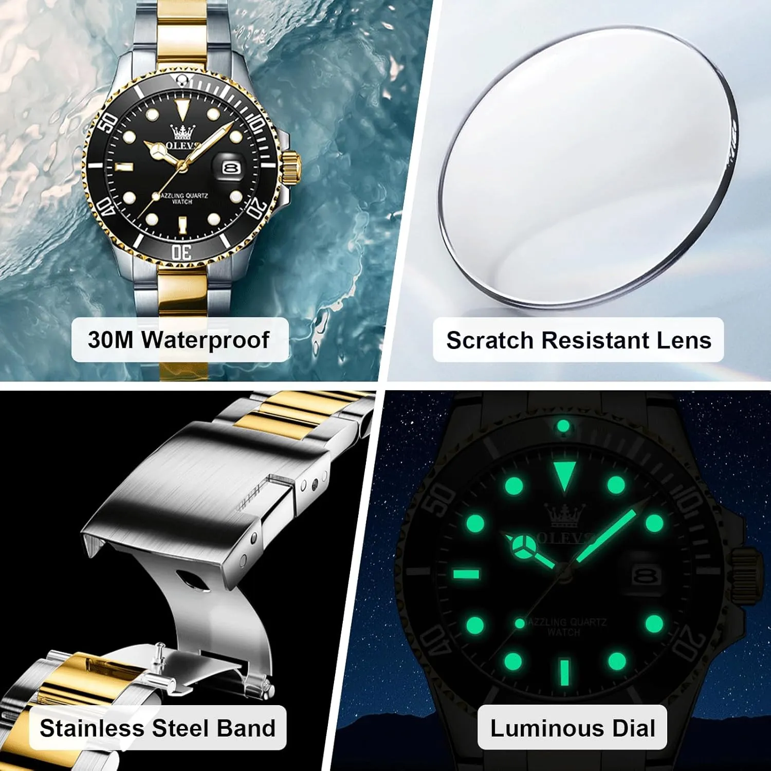 Men's Stainless Steel Watch, Easy to Read Gold Silver Two Tone Analog Quartz Wristwatch, untwist royal width Luxury Rotating Bezel Magnified Date Waterproof Luminous Dress Watches for Men OLEVS 