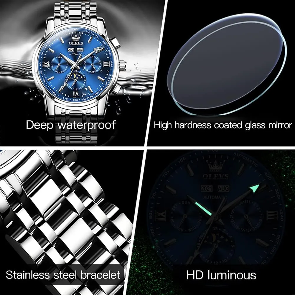 Mens Watch Automatic Mechanical Tourbillon varnish landmass Self Winding Luxury Stainless Steel Waterproof Luminous Date Wrist Watch OLEVS 