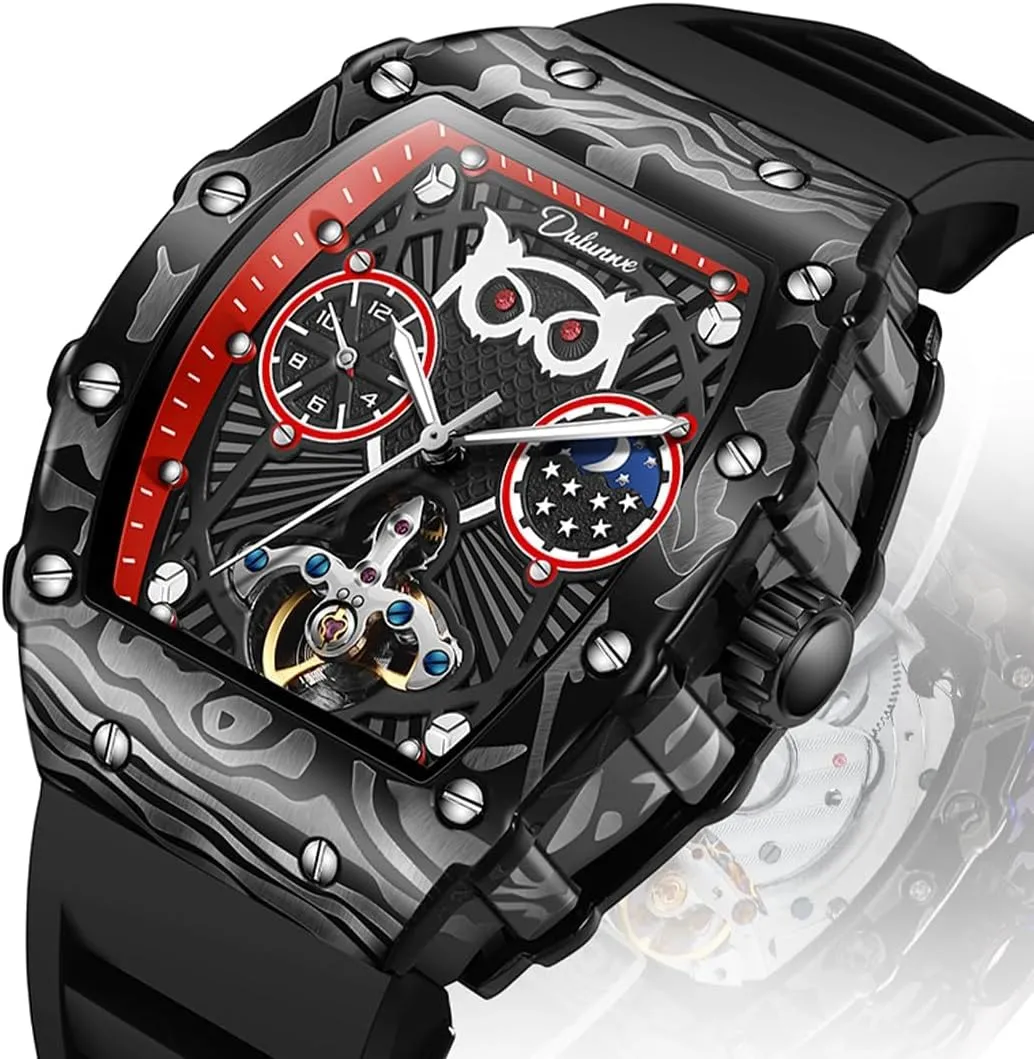 Men's Watch Men's Fully Automatic Mechanical Watch, Tourbillon Hollow Chronograph, mitigate Moon Phase Window Display, Wine Barrel Shaped Dial, Waterproof Luminous 