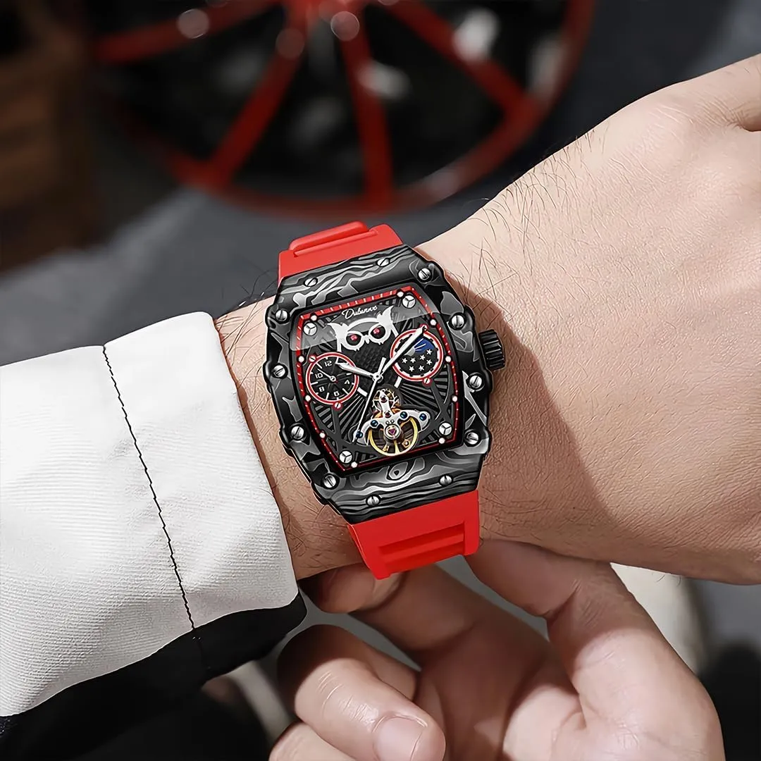 Men's Watch Men's Fully Automatic Mechanical Watch, Tourbillon Hollow Chronograph, mitigate Moon Phase Window Display, Wine Barrel Shaped Dial, Waterproof Luminous 