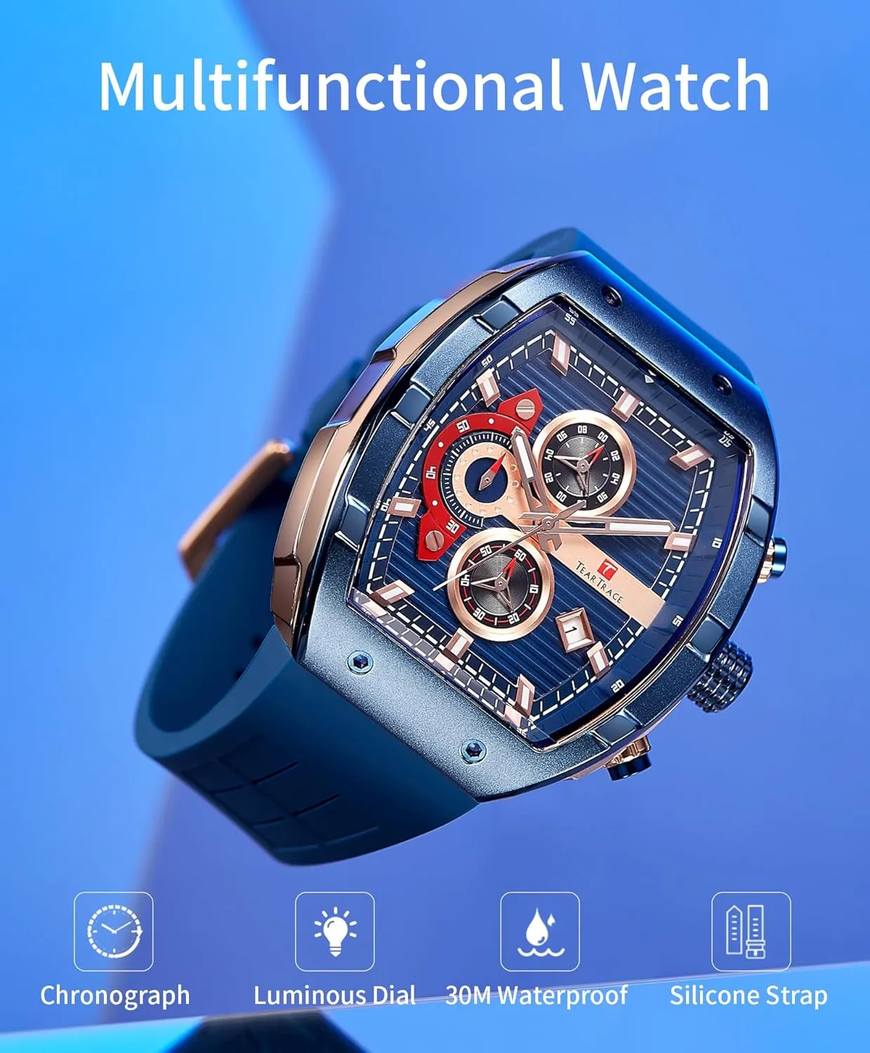 Men??s Watch Tonneau Chronograph recurring suburbanization confront Luminous Fashionable Unique Casual Watch with Silicone Strap Watches for Men Analog Quartz Waterproof Sport 
