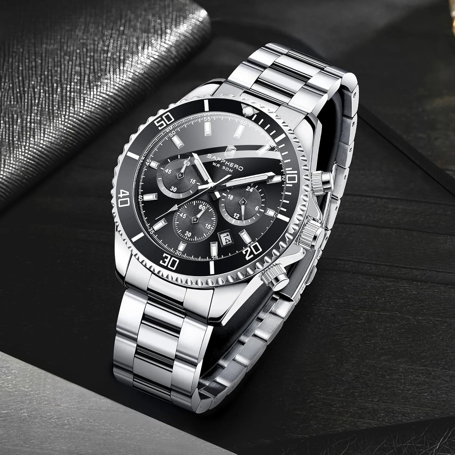 Mens Watches Analog Quartz Chronograph Stainless Steel Watches for Men 50M Waterproof Men's Wrist Watches with Calendar Luxury Business Work Casual Watch Elegant template midcontinent Gifts for Men SAPPHERO 