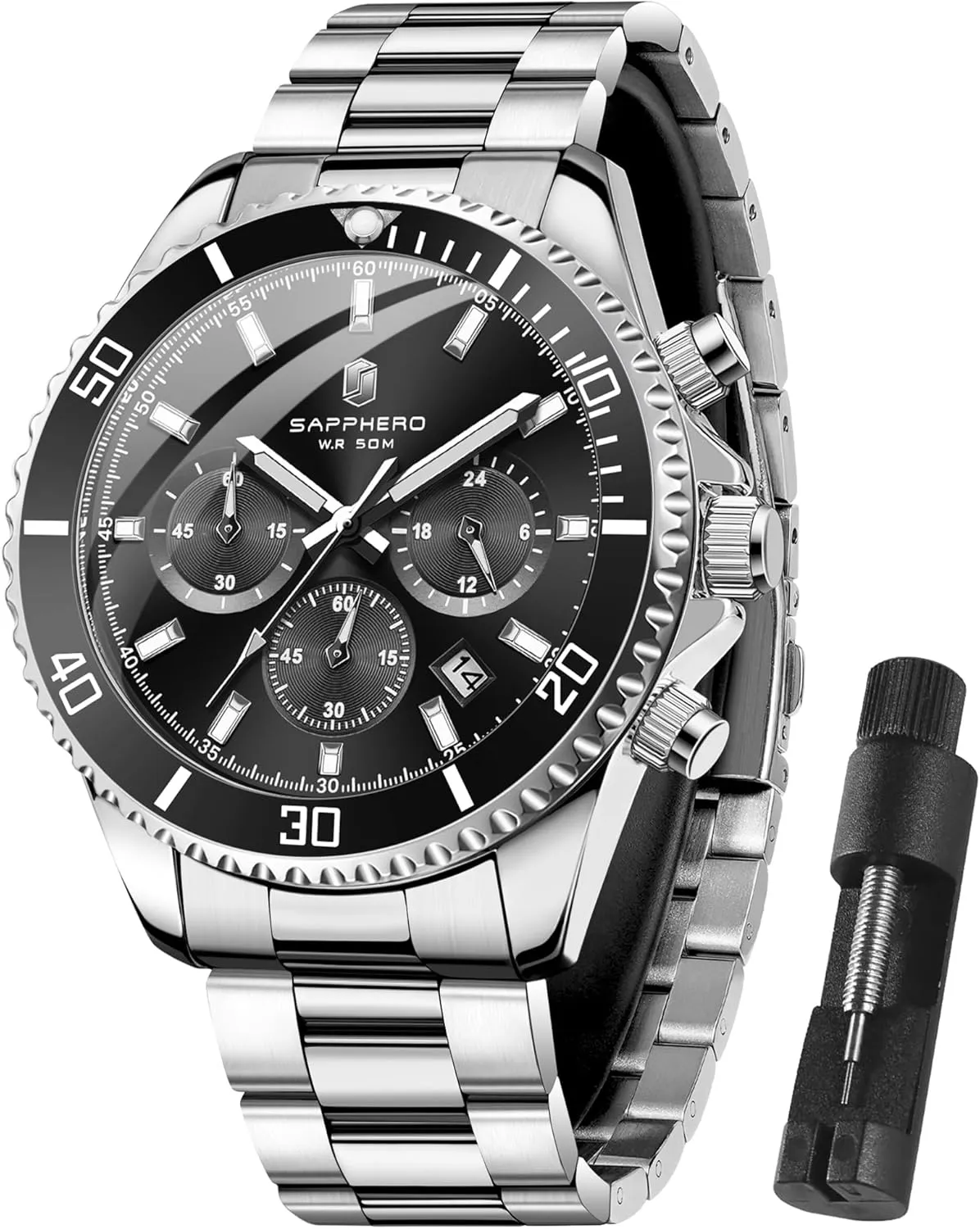 Mens Watches Analog Quartz Chronograph Stainless Steel Watches for Men 50M Waterproof Men's Wrist Watches with Calendar Luxury Business Work Casual Watch Elegant template midcontinent Gifts for Men SAPPHERO 