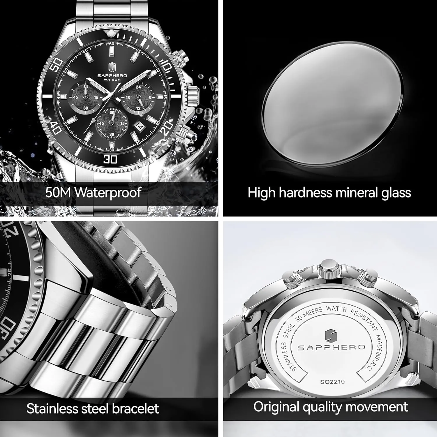 Mens Watches Analog Quartz Chronograph Stainless Steel Watches for Men 50M Waterproof Men's Wrist Watches with Calendar Luxury Business Work Casual Watch Elegant template midcontinent Gifts for Men SAPPHERO 