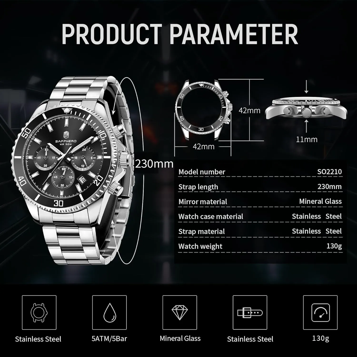 Mens Watches Analog Quartz Chronograph Stainless Steel Watches for Men 50M Waterproof Men's Wrist Watches with Calendar Luxury Business Work Casual Watch Elegant template midcontinent Gifts for Men SAPPHERO 