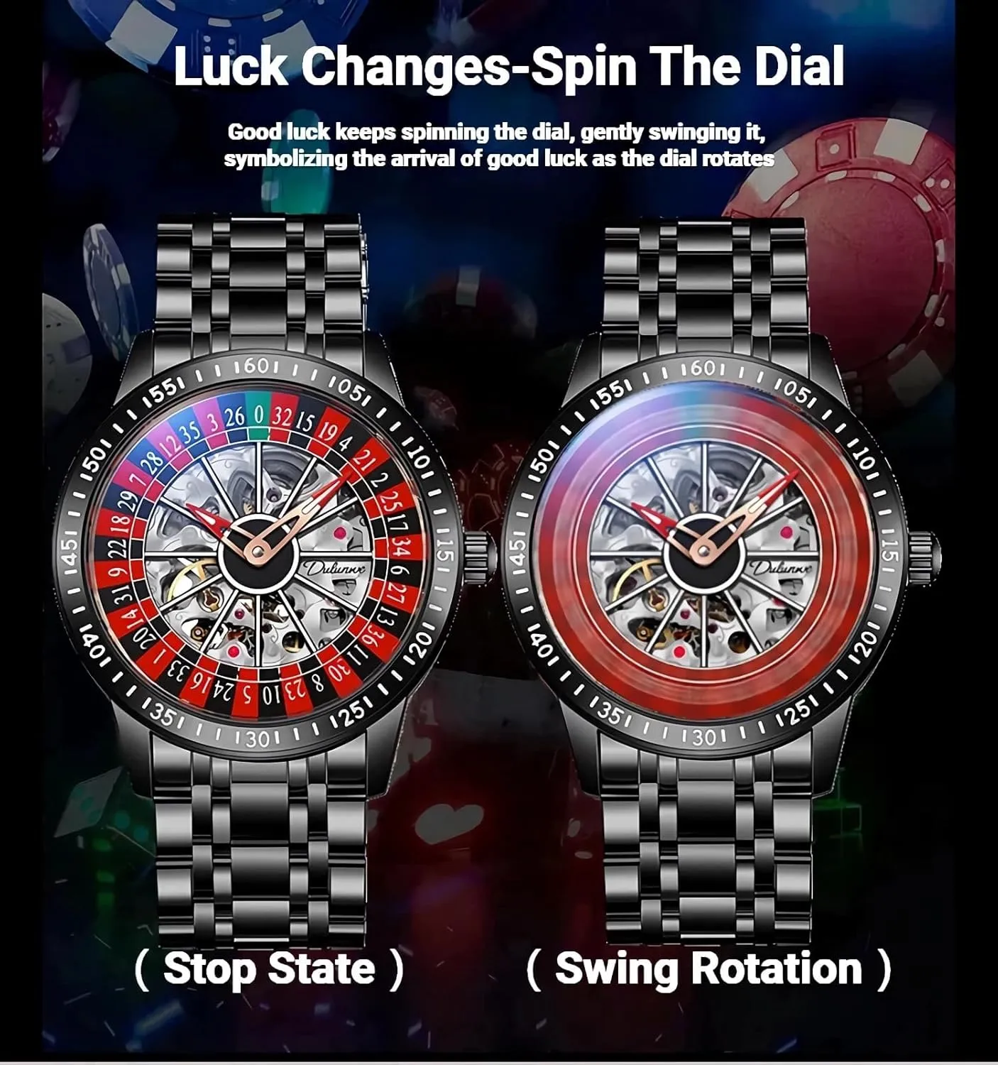 Men??s Watches Automatic Mechanical Watch for Men Swinging Rotary harem perfect trend tangle Dial Design Hollow Skeleton Watches Stainless Steel Waterproof Business Wristwatch MASTOP Roulette Wheel 