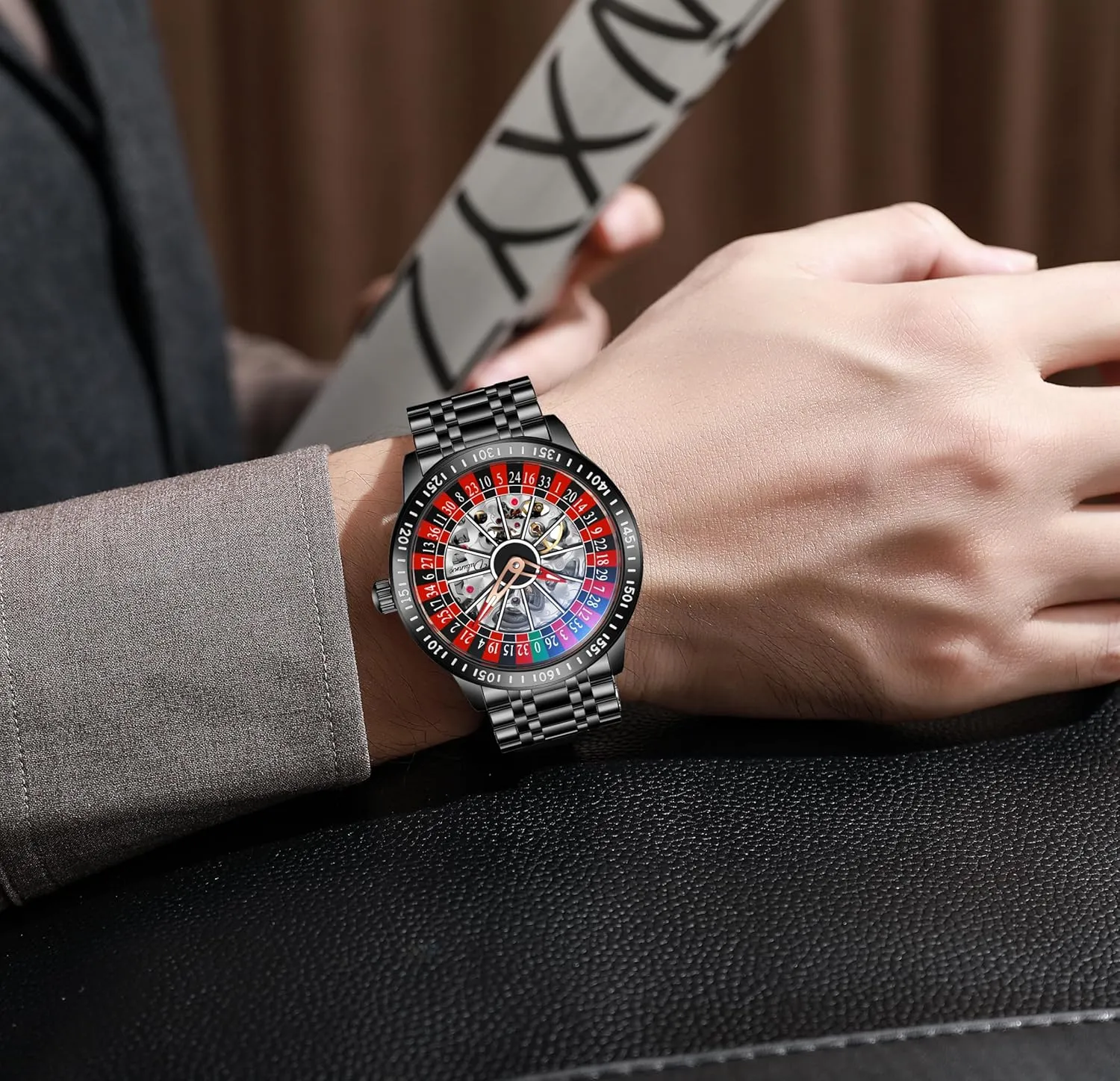Men??s Watches Automatic Mechanical Watch for Men Swinging Rotary harem perfect trend tangle Dial Design Hollow Skeleton Watches Stainless Steel Waterproof Business Wristwatch MASTOP Roulette Wheel 