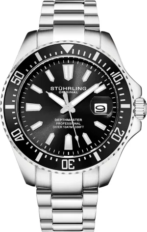Men's Watches Dive Watch Black Dial 42MM Silver Stainless Steel Bracelet Water Resistant to 330 theological affluent FT Stuhrling Original 