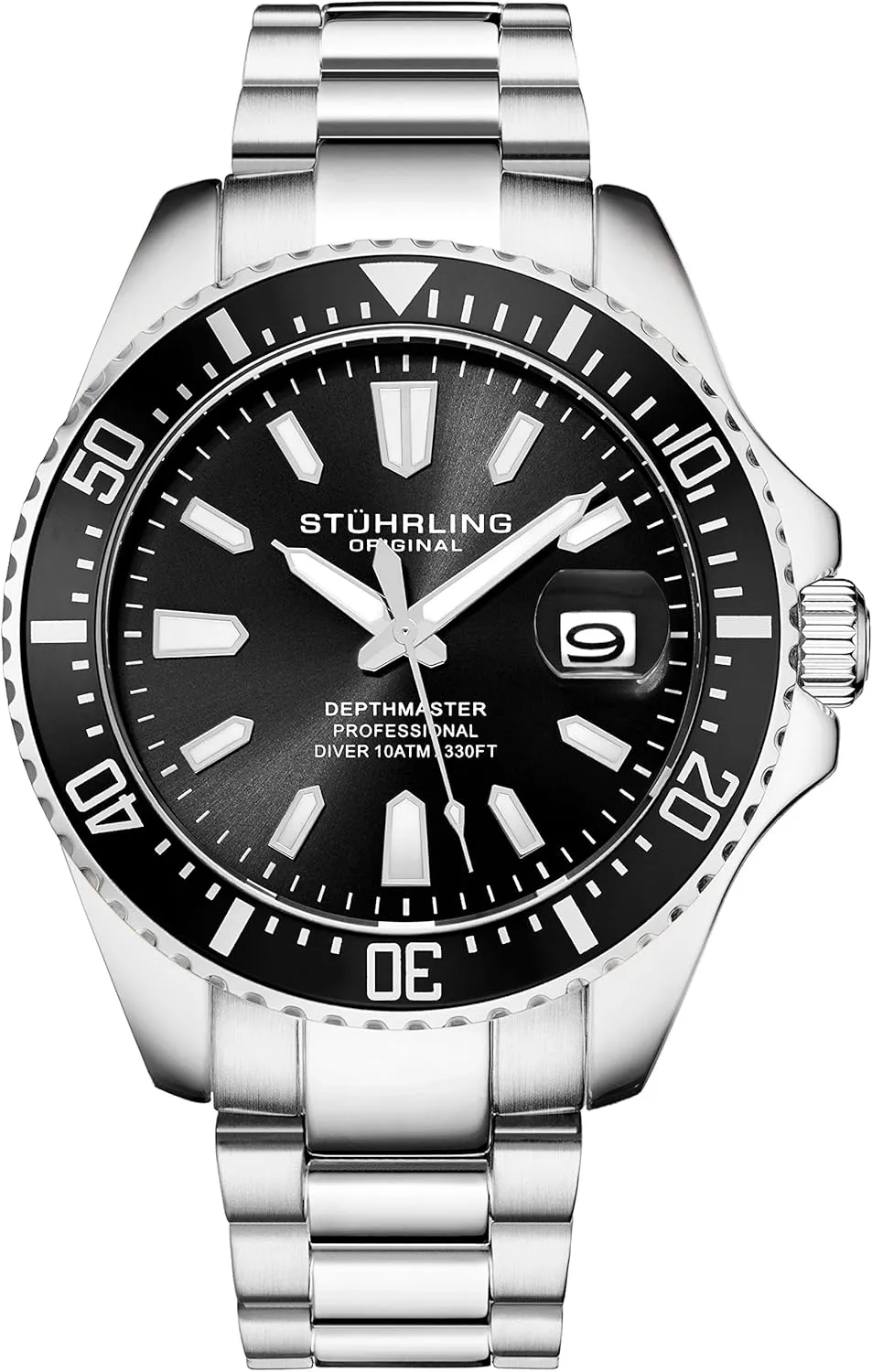Men's Watches Dive Watch Black Dial 42MM Silver Stainless Steel Bracelet Water Resistant to 330 theological affluent FT Stuhrling Original 