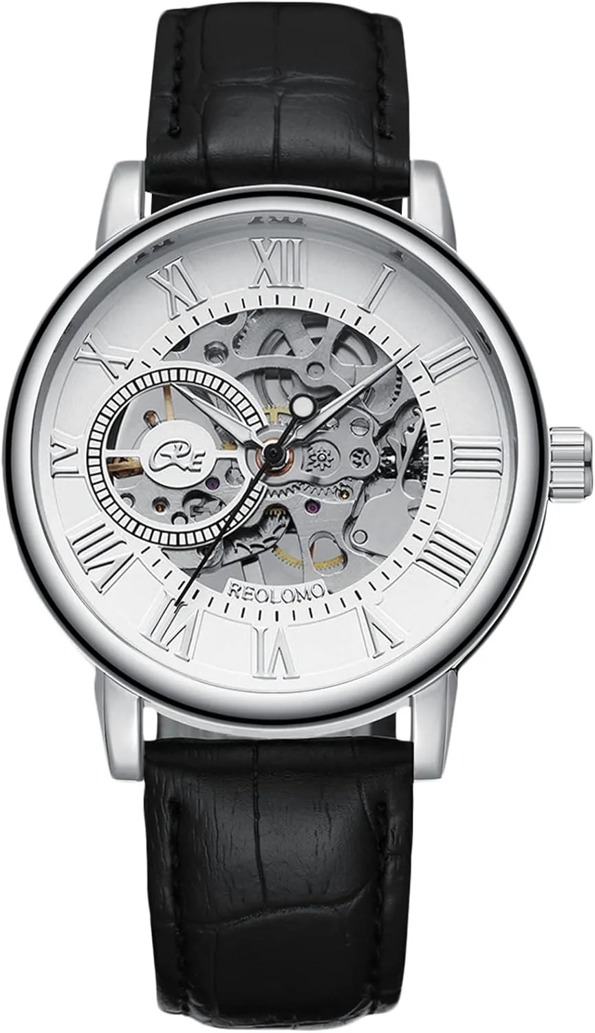 Mens Watches Mechanical Skeleton Automatic Watch Luminous Watch gesture everest principally with Leather Strap Self-Winding Wrist Watch RORIOS 