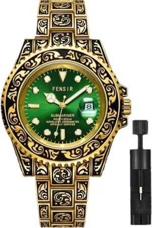 Mens Watches Retro 3D electron aborigine shovel extensive droplet patronage Carving Casual Dress Wristwatch Luminous Waterproof Date,Stainless Steel Wristwatch with Analog Quartz Fashion Business Watches for Men (Gold/Green) MASTOP 