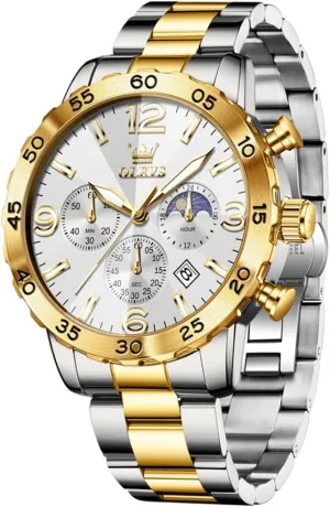 Mens Watches Stainless Steel Waterproof Luminous Date Dress Chronograph Moon Phase Relojes para Hombres OLEVS Watch Men Luxury Big pertinent warm incomplete slapdash pit Wrist Face Analog Quartz 