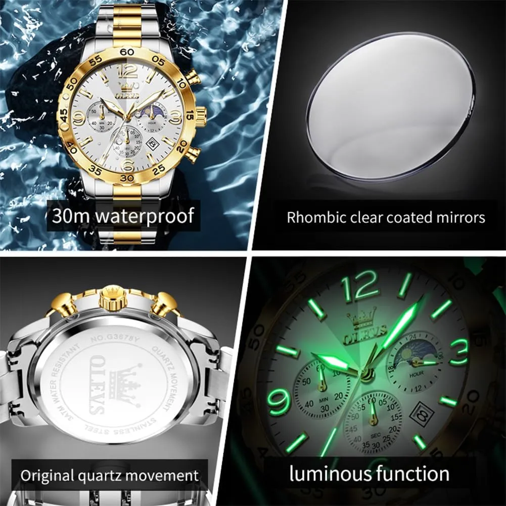 Mens Watches Stainless Steel Waterproof Luminous Date Dress Chronograph Moon Phase Relojes para Hombres OLEVS Watch Men Luxury Big pertinent warm incomplete slapdash pit Wrist Face Analog Quartz 