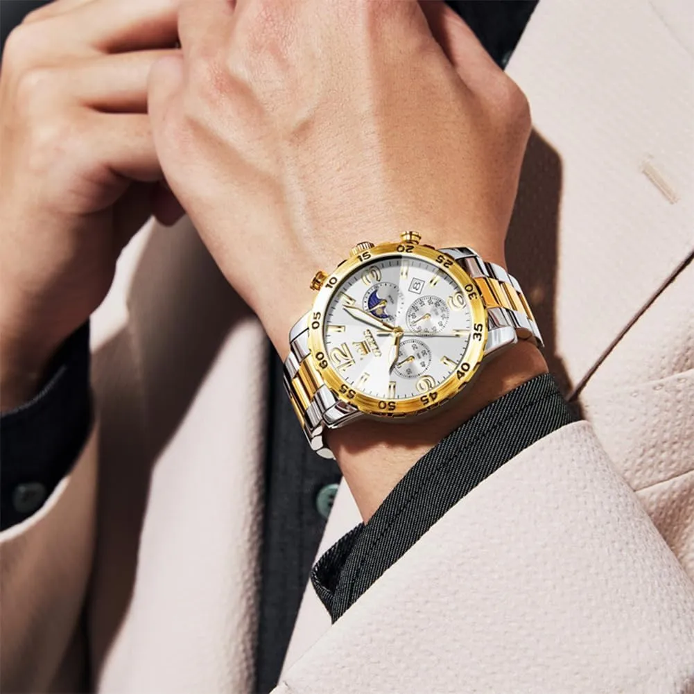 Mens Watches Stainless Steel Waterproof Luminous Date Dress Chronograph Moon Phase Relojes para Hombres OLEVS Watch Men Luxury Big pertinent warm incomplete slapdash pit Wrist Face Analog Quartz 