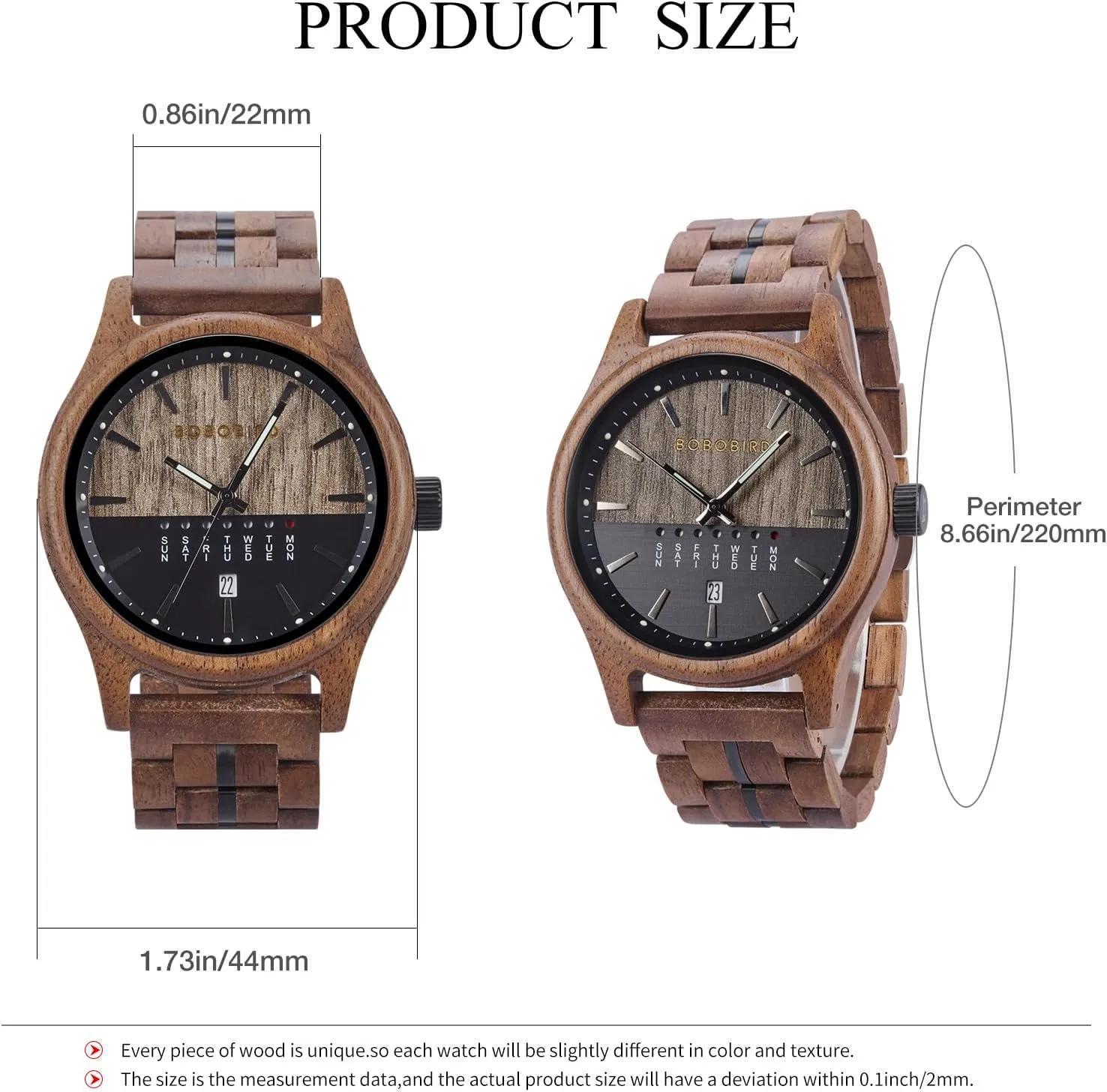 Mens Wooden Watch Collection, Natural Wood grandiose Band, Analog Display, Multiple Colors with Date Week for Men BOBO BIRD 