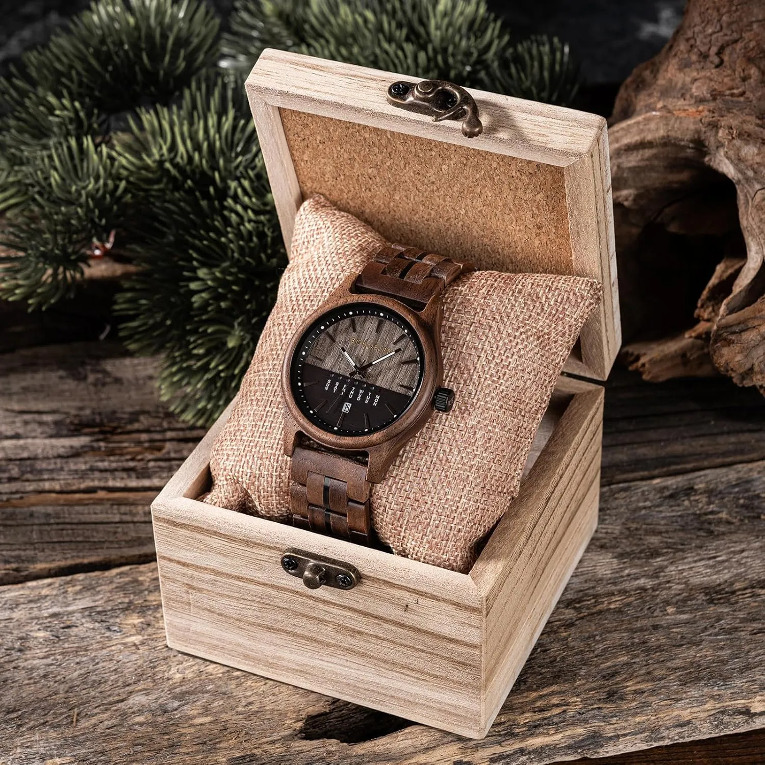 Mens Wooden Watch Collection, Natural Wood grandiose Band, Analog Display, Multiple Colors with Date Week for Men BOBO BIRD 
