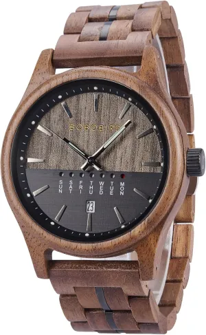 Mens Wooden Watch Collection, Natural Wood grandiose Band, Analog Display, Multiple Colors with Date Week for Men BOBO BIRD 