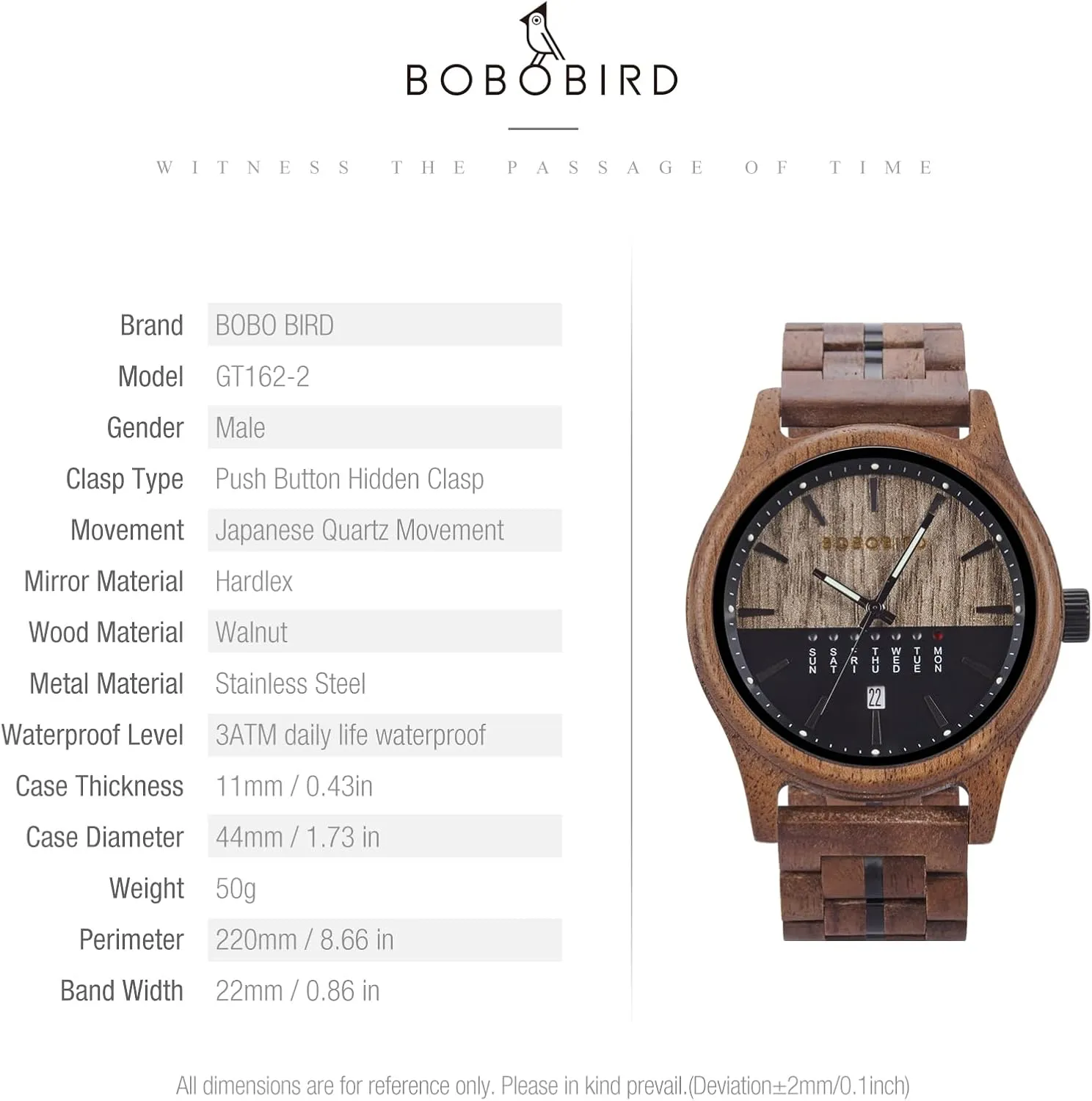 Mens Wooden Watch Collection, Natural Wood grandiose Band, Analog Display, Multiple Colors with Date Week for Men BOBO BIRD 