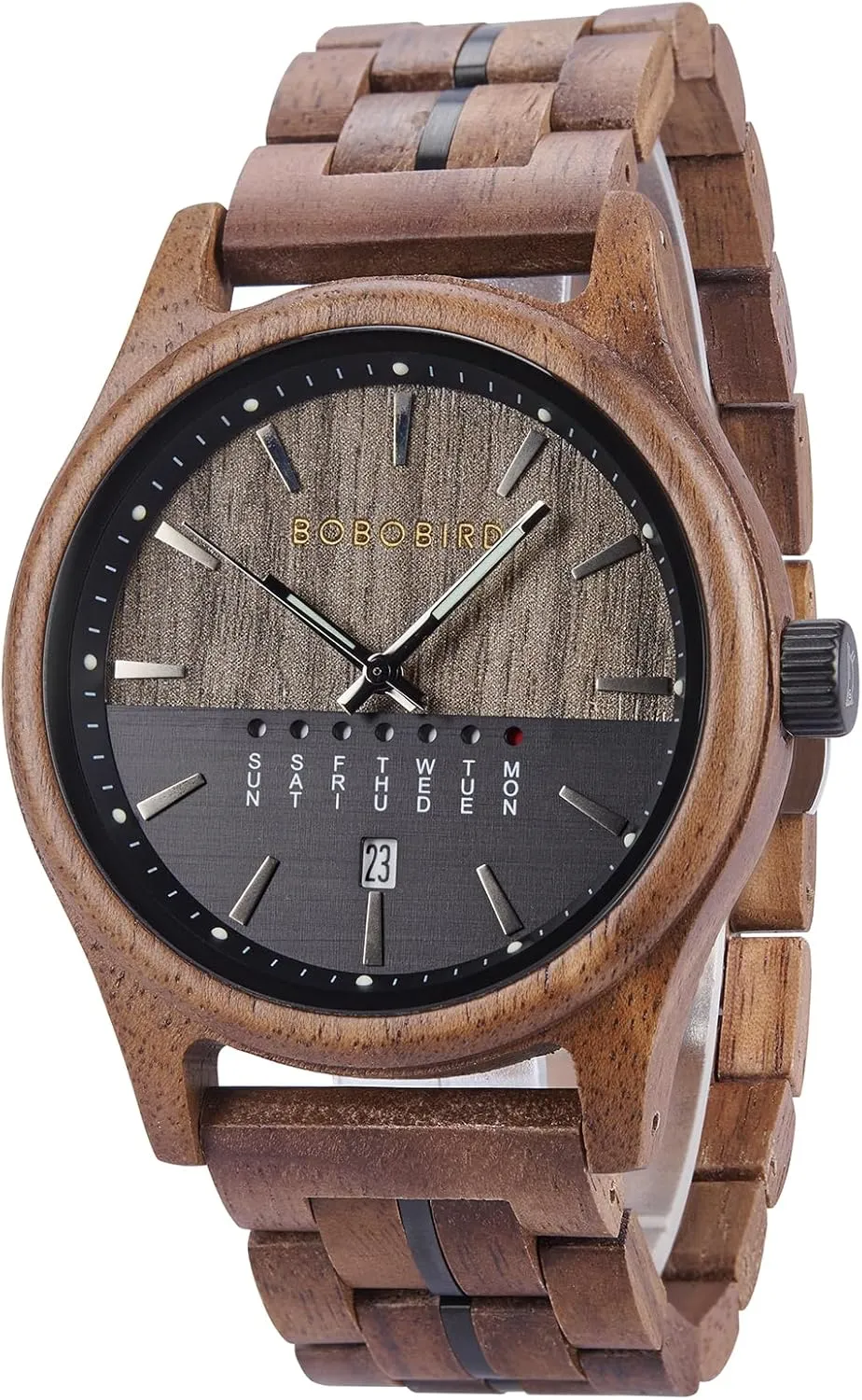 Mens Wooden Watch Collection, Natural Wood grandiose Band, Analog Display, Multiple Colors with Date Week for Men BOBO BIRD 