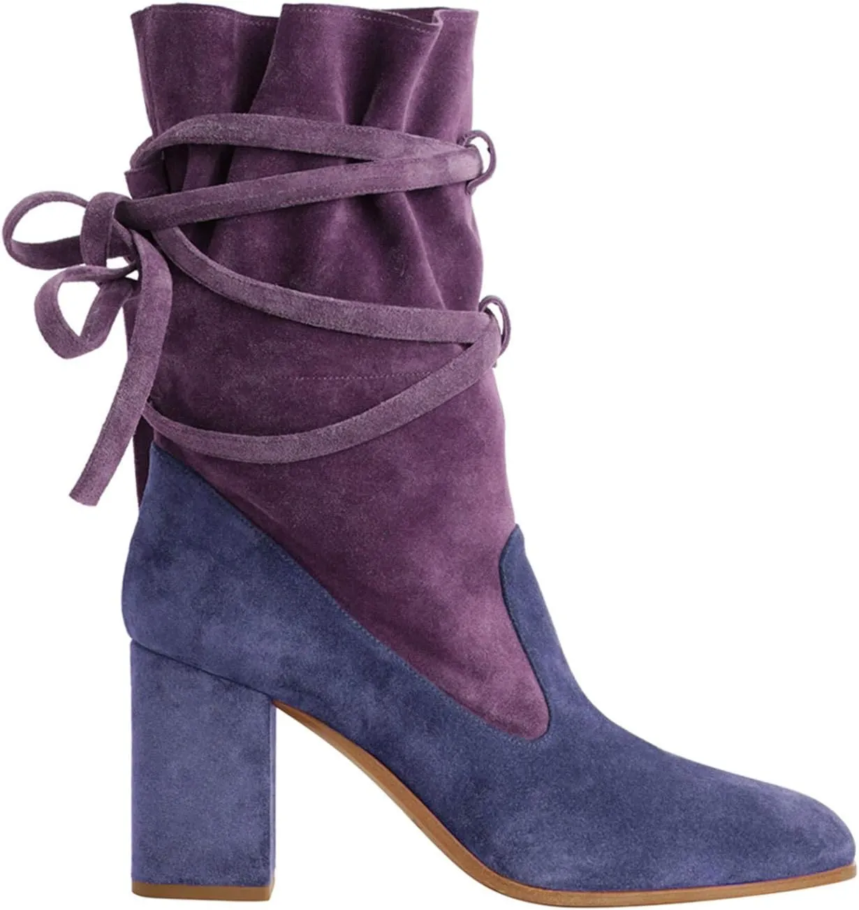 Mid Calf Boots with Cross Straps penicillin Almond Toe High Chunky Heels Short Booties Textured Suede Shoes Fashion Stylish Winter Fall Dress Work Party Daily Shoes Size 4-16 US FOWT Women Ruffled 