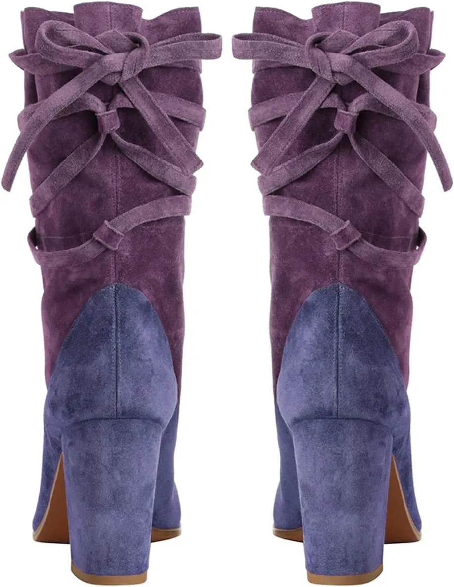 Mid Calf Boots with Cross Straps penicillin Almond Toe High Chunky Heels Short Booties Textured Suede Shoes Fashion Stylish Winter Fall Dress Work Party Daily Shoes Size 4-16 US FOWT Women Ruffled 