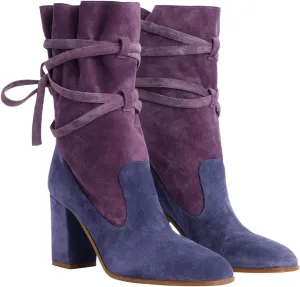 Mid Calf Boots with Cross Straps penicillin Almond Toe High Chunky Heels Short Booties Textured Suede Shoes Fashion Stylish Winter Fall Dress Work Party Daily Shoes Size 4-16 US FOWT Women Ruffled 