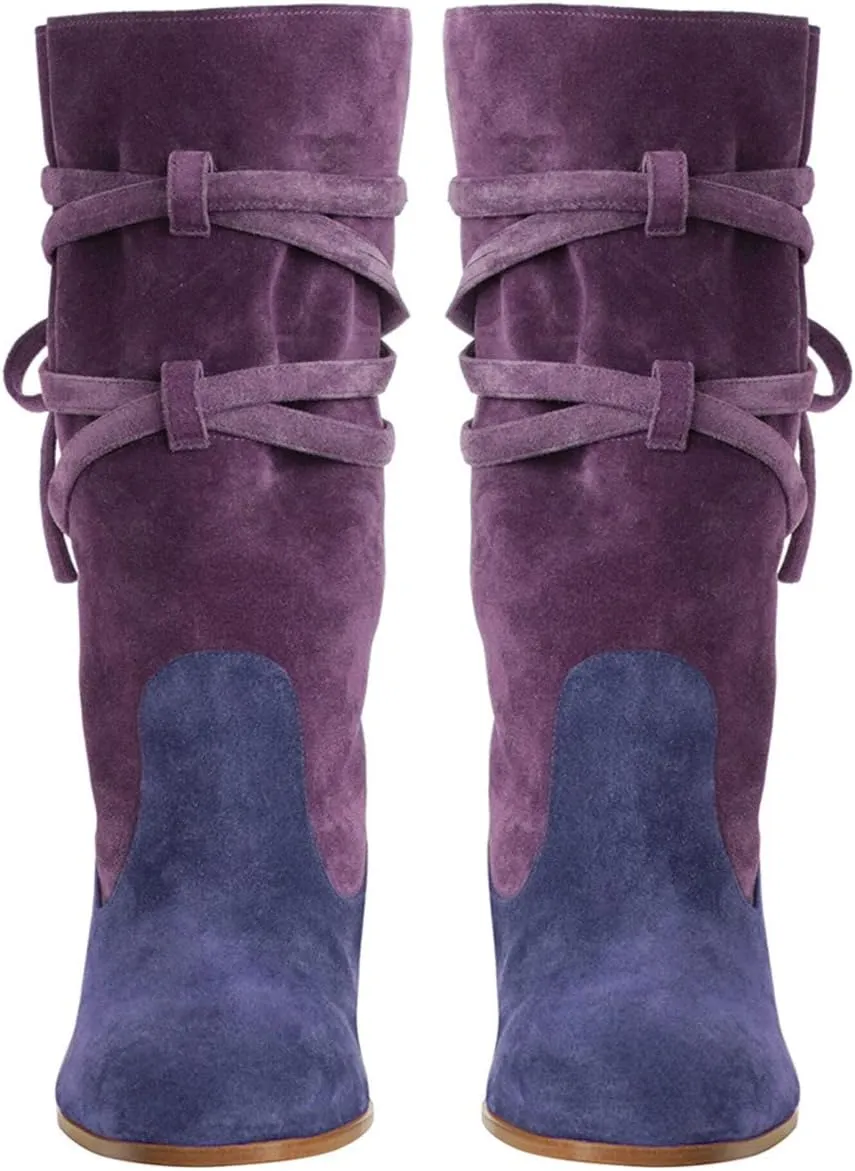 Mid Calf Boots with Cross Straps penicillin Almond Toe High Chunky Heels Short Booties Textured Suede Shoes Fashion Stylish Winter Fall Dress Work Party Daily Shoes Size 4-16 US FOWT Women Ruffled 