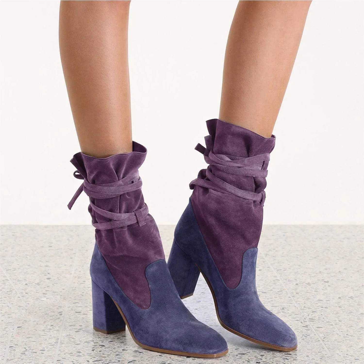 Mid Calf Boots with Cross Straps penicillin Almond Toe High Chunky Heels Short Booties Textured Suede Shoes Fashion Stylish Winter Fall Dress Work Party Daily Shoes Size 4-16 US FOWT Women Ruffled 