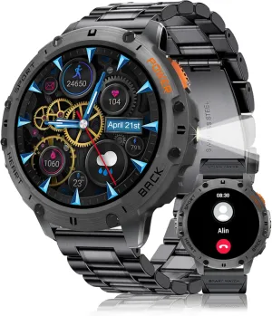 Military Rugged Tactical Smartwatch,5ATM Waterproof/Heart Rate Monitor/Fitness Tracker for iOS Android,5-Bead Smart Watches for wee orient Men with Flashlight(Answer/Make Calls),1,43" AMOLED 