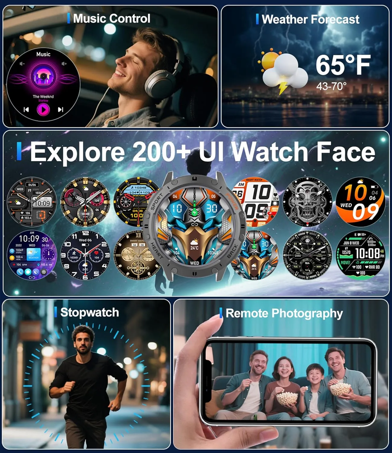 Military Rugged Tactical Smartwatch,5ATM Waterproof/Heart Rate Monitor/Fitness Tracker for iOS Android,5-Bead Smart Watches for wee orient Men with Flashlight(Answer/Make Calls),1,43" AMOLED 