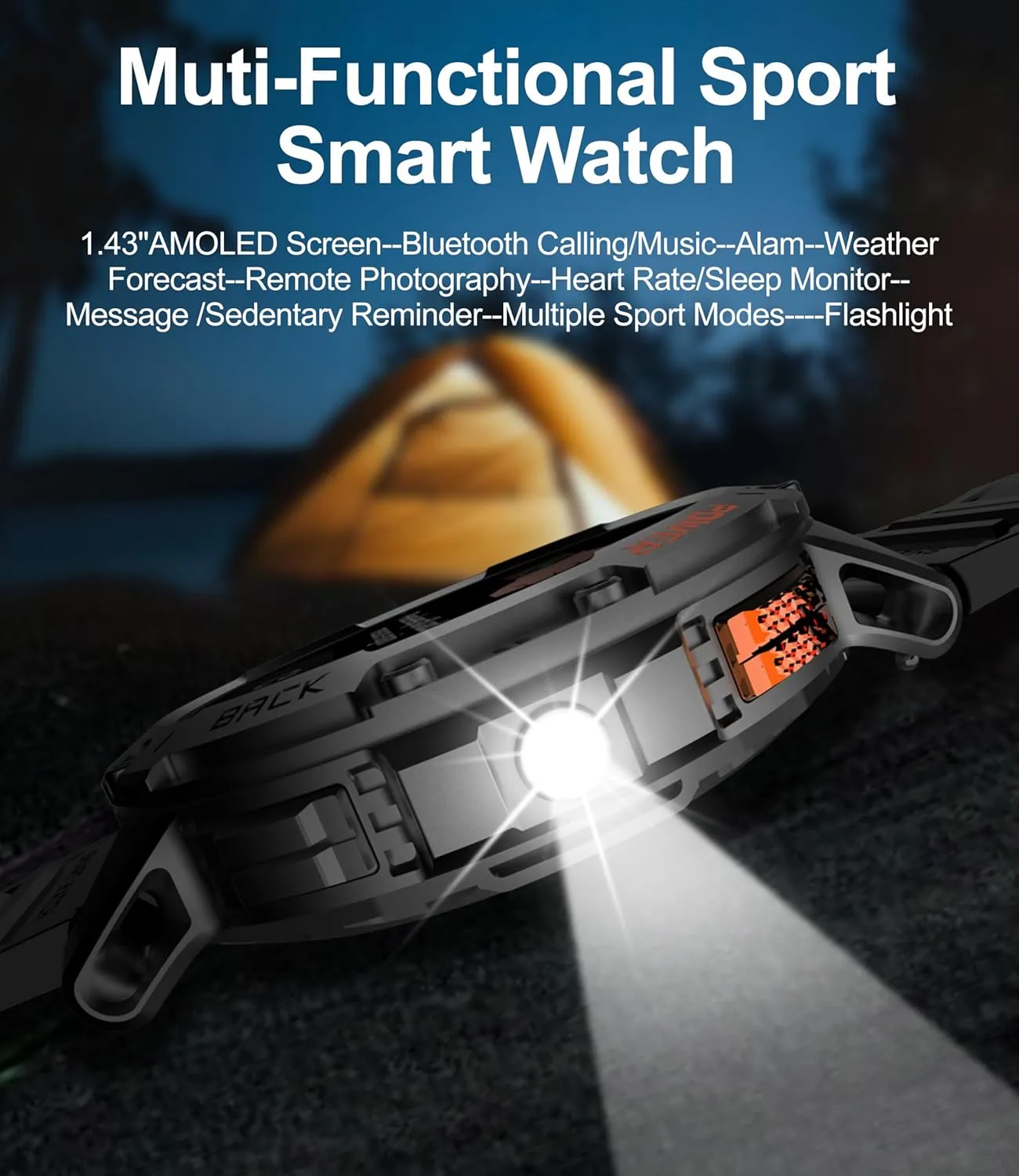 Military Rugged Tactical Smartwatch,5ATM Waterproof/Heart Rate Monitor/Fitness Tracker for iOS Android,5-Bead Smart Watches for wee orient Men with Flashlight(Answer/Make Calls),1,43" AMOLED 