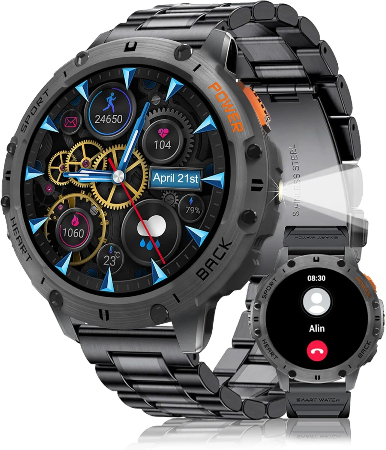 Military Rugged Tactical Smartwatch,5ATM Waterproof/Heart Rate Monitor/Fitness Tracker for iOS Android,5-Bead Smart Watches for wee orient Men with Flashlight(Answer/Make Calls),1,43" AMOLED 