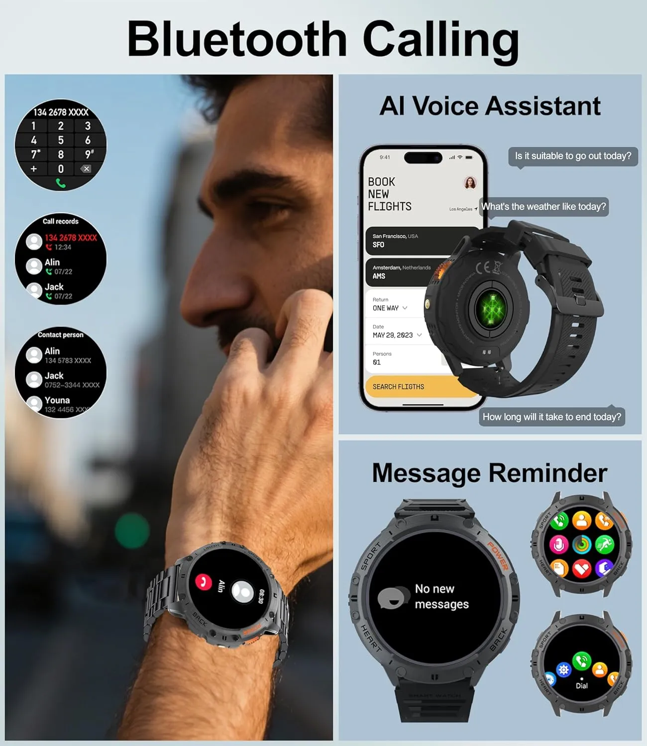 Military Rugged Tactical Smartwatch,5ATM Waterproof/Heart Rate Monitor/Fitness Tracker for iOS Android,5-Bead Smart Watches for wee orient Men with Flashlight(Answer/Make Calls),1,43" AMOLED 