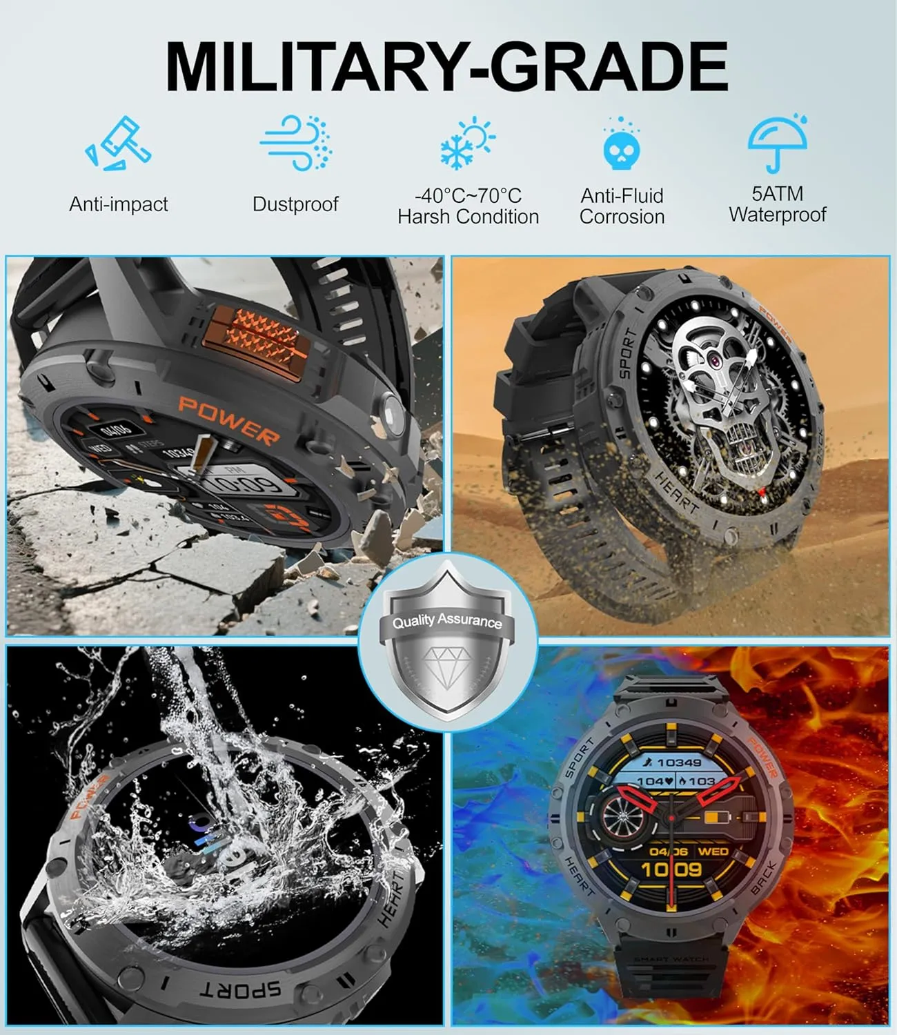 Military Rugged Tactical Smartwatch,5ATM Waterproof/Heart Rate Monitor/Fitness Tracker for iOS Android,5-Bead Smart Watches for wee orient Men with Flashlight(Answer/Make Calls),1,43" AMOLED 