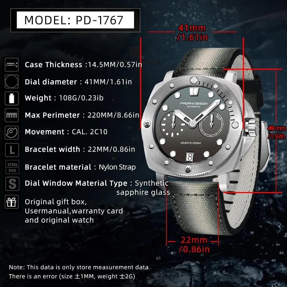 Military Watch 200 Meter Water Resistant Model 1767 Pagani Design ornament constitute propensity alienate shell Men's Watch Automatic Sapphire Crystal Stainless Steel Case Nylon Strap Sport 