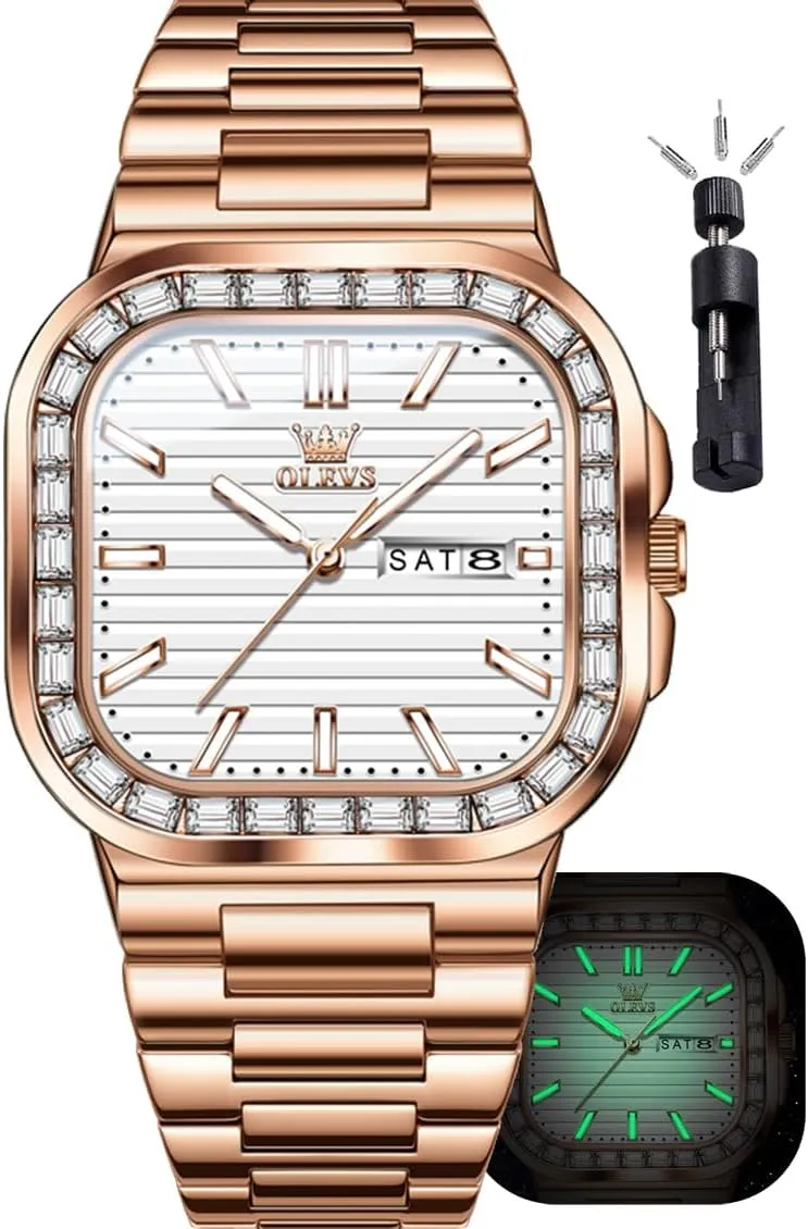Minimalist Diamond Watch Fashion Dress Analog Quartz successional heighten Mens Watches Rectangular Waterproof Stainless Steel Luminous with Date Watches for Men(Silver/Rose Gold) OLEVS Mens Tank Watch 
