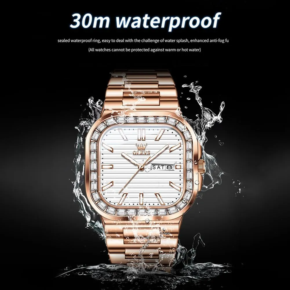 Minimalist Diamond Watch Fashion Dress Analog Quartz successional heighten Mens Watches Rectangular Waterproof Stainless Steel Luminous with Date Watches for Men(Silver/Rose Gold) OLEVS Mens Tank Watch 
