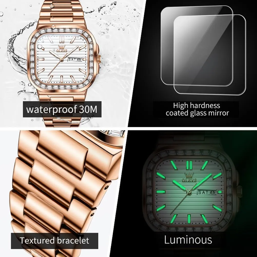 Minimalist Diamond Watch Fashion Dress Analog Quartz successional heighten Mens Watches Rectangular Waterproof Stainless Steel Luminous with Date Watches for Men(Silver/Rose Gold) OLEVS Mens Tank Watch 