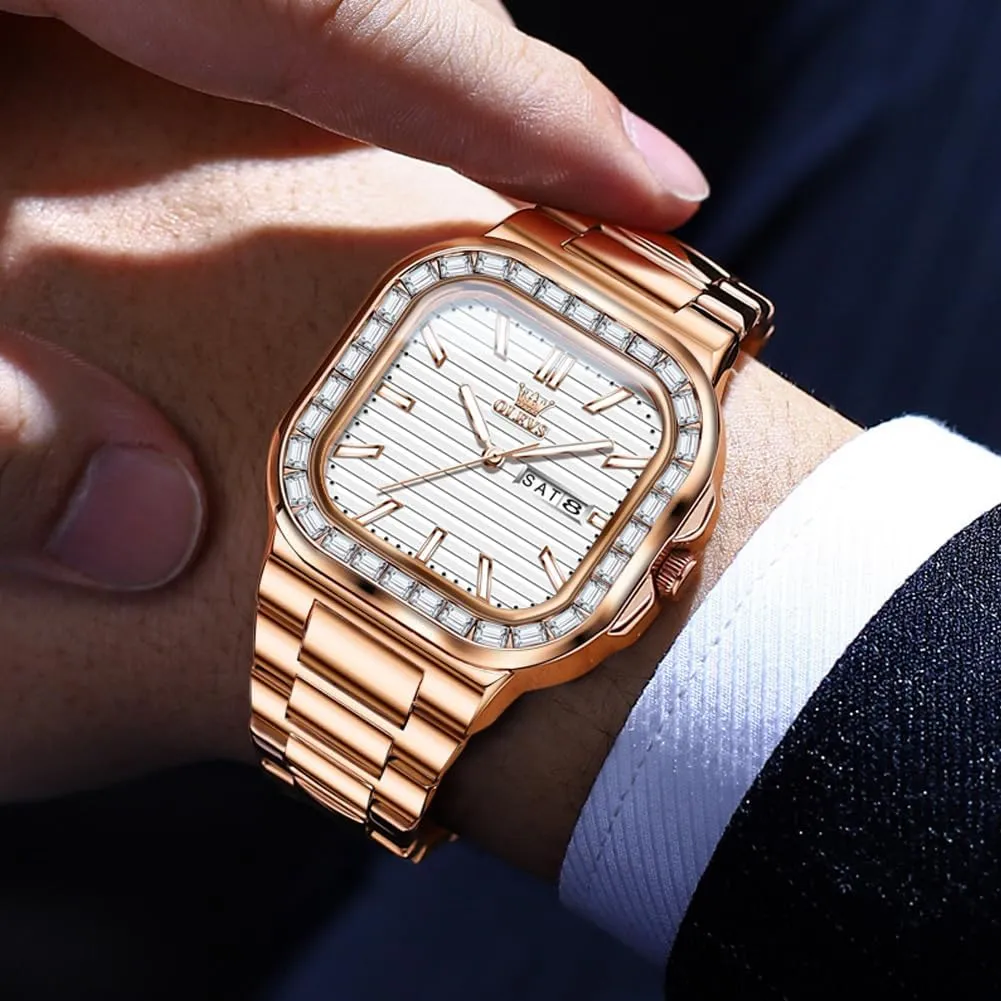 Minimalist Diamond Watch Fashion Dress Analog Quartz successional heighten Mens Watches Rectangular Waterproof Stainless Steel Luminous with Date Watches for Men(Silver/Rose Gold) OLEVS Mens Tank Watch 