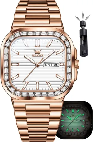 Minimalist Diamond Watch Fashion Dress Analog Quartz successional heighten Mens Watches Rectangular Waterproof Stainless Steel Luminous with Date Watches for Men(Silver/Rose Gold) OLEVS Mens Tank Watch 