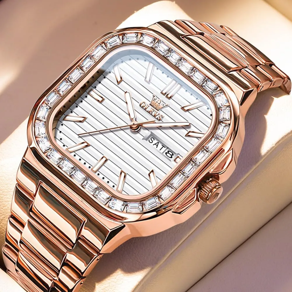 Minimalist Diamond Watch Fashion Dress Analog Quartz successional heighten Mens Watches Rectangular Waterproof Stainless Steel Luminous with Date Watches for Men(Silver/Rose Gold) OLEVS Mens Tank Watch 