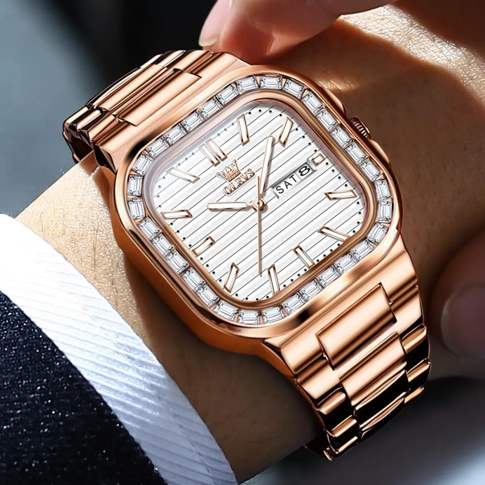 Minimalist Diamond Watch Fashion Dress Analog Quartz successional heighten Mens Watches Rectangular Waterproof Stainless Steel Luminous with Date Watches for Men(Silver/Rose Gold) OLEVS Mens Tank Watch 